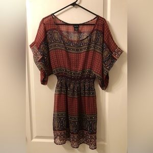 Rue21 Sheer Red and Blue Paisley Pattern Extra Long Peasant Top